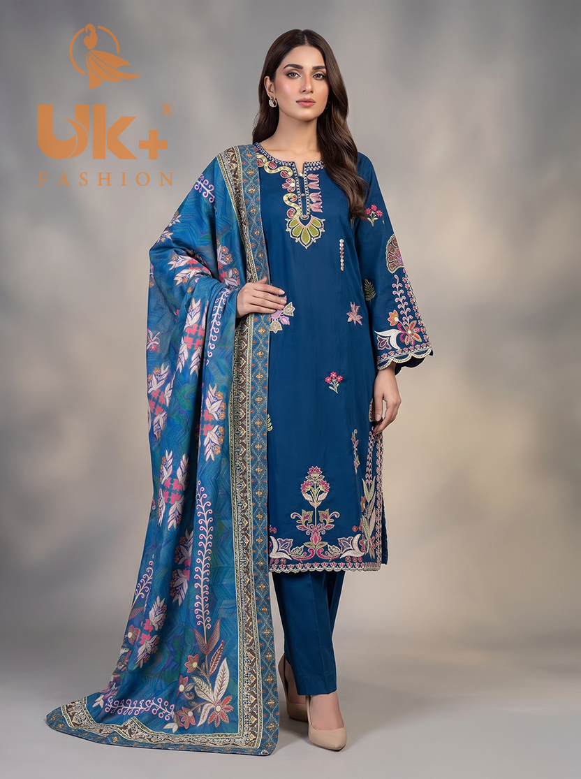 3Pc Embroidered Cotton Shirt, Trouser, Dupatta