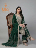 3Pc Embroidered Chiffon Shirt, Plazo, Dupatta