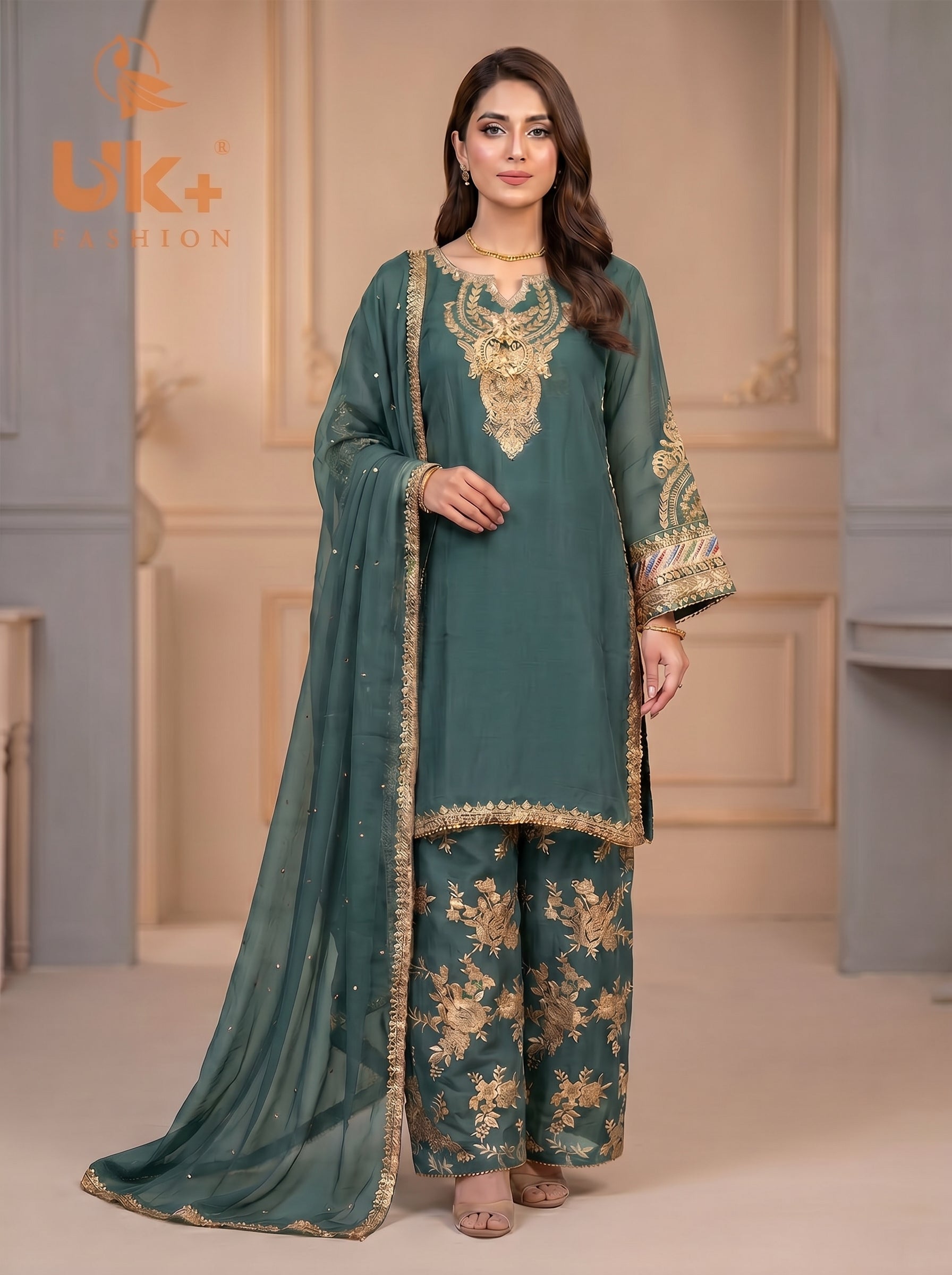 3Pc Embroidered Chiffon Shirt, Plazo, Dupatta