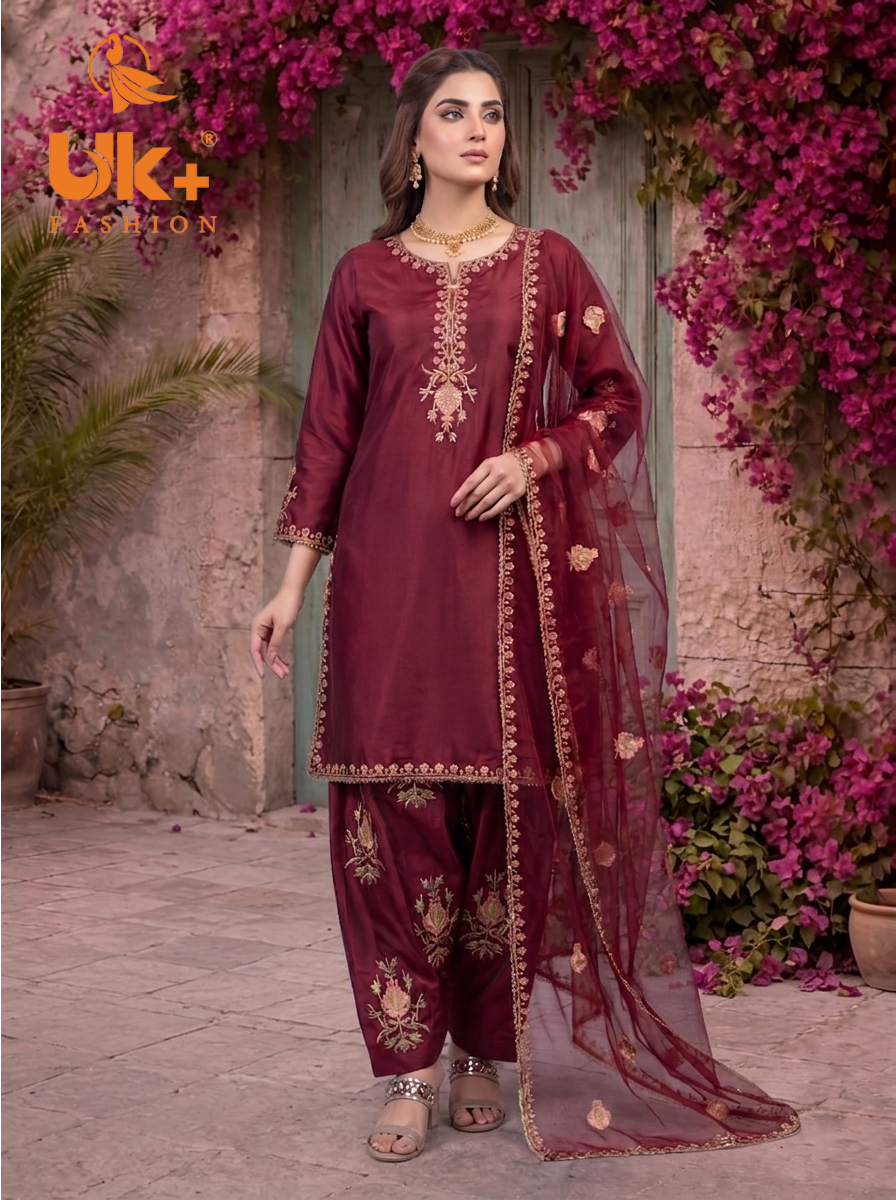 3Pc Embroidered Kataan Silk, Shirt, Farshi Shalwar and Dupatta