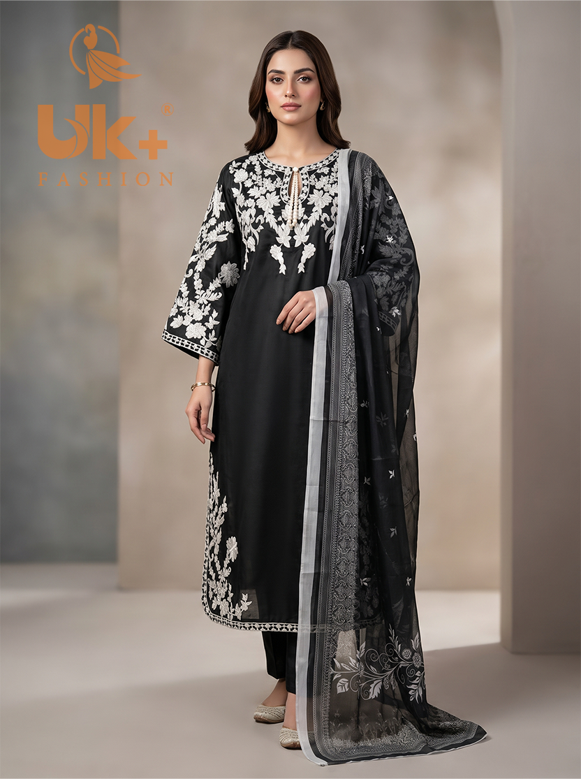 3Pc Embroided Shamoz Silk Kaftan, Shalwar, Dupatta