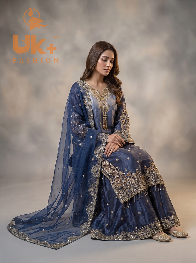 3Pc Embroided Sheesha Silk Shirt, Plazo, Dupatta