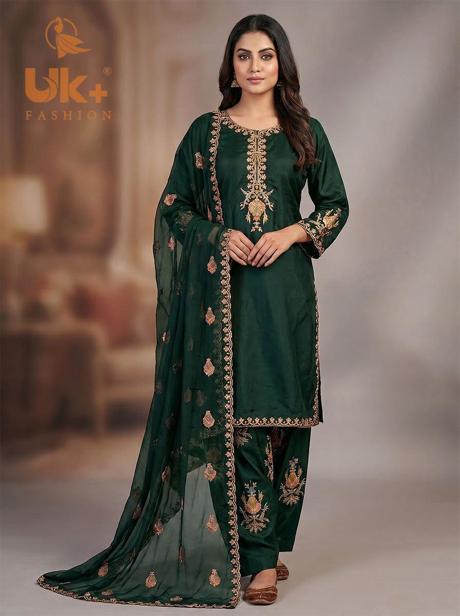 3Pc Embroidered Kataan Silk, Shirt, Farshi Shalwar and Chiffon Dupatta