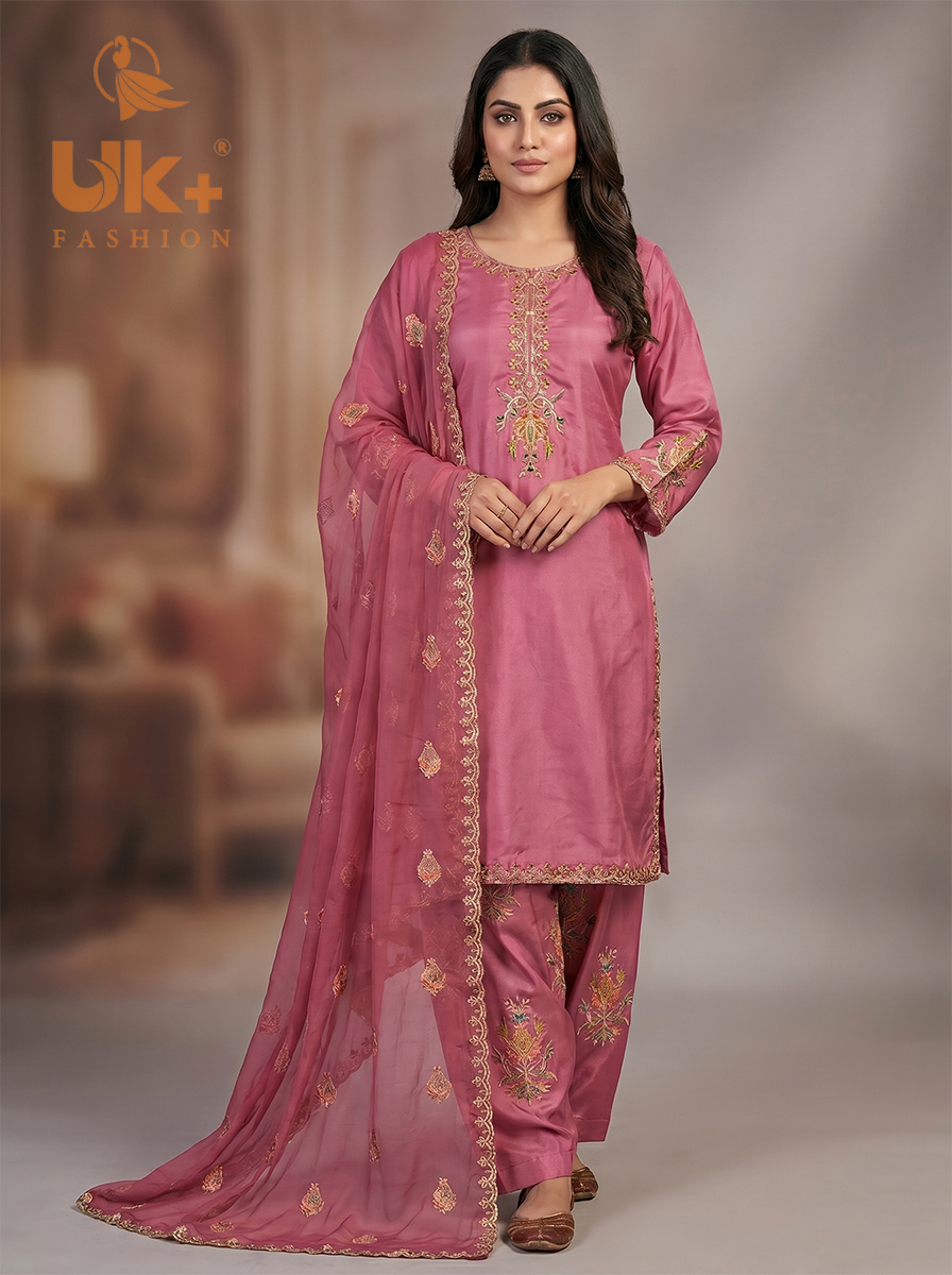 3Pc Embroidered Kataan Silk, Shirt, Farshi Shalwar and Chiffon Dupatta