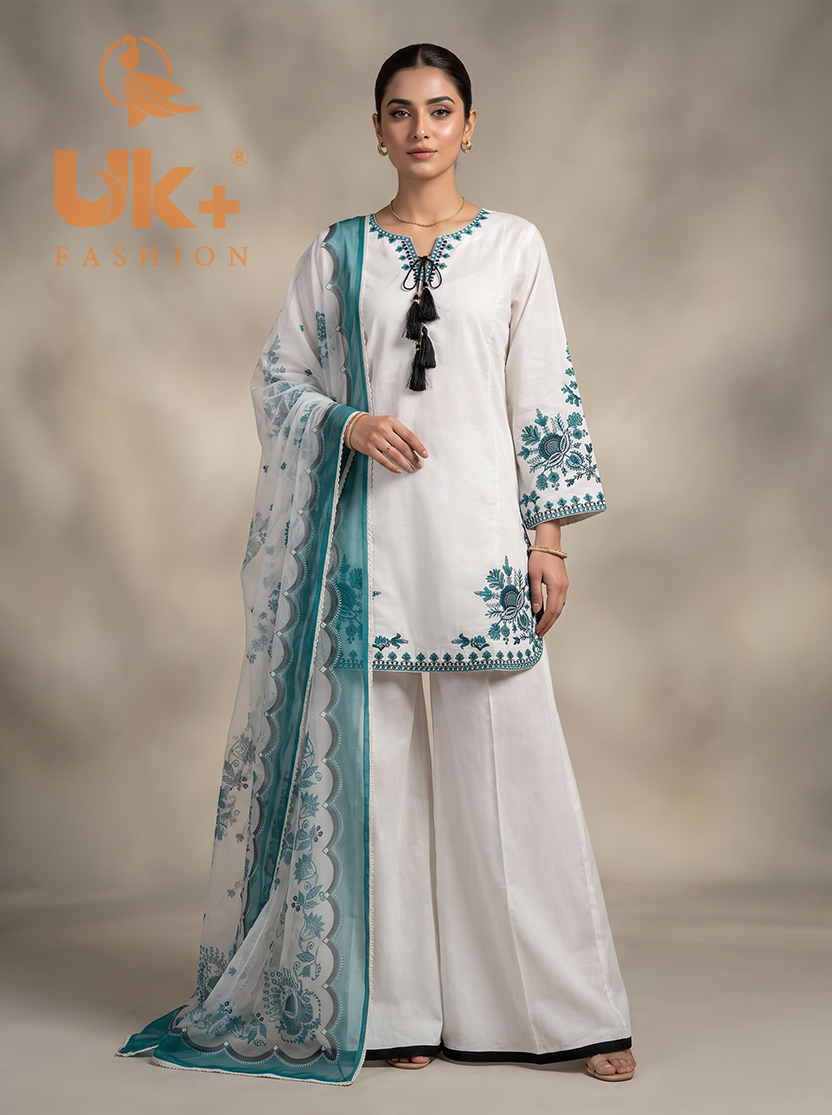 3Pc Embroidered Cotton Shirt, Trouser, Dupatta
