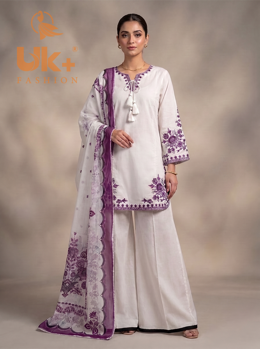 3Pc Embroidered Cotton Shirt, Trouser, Dupatta