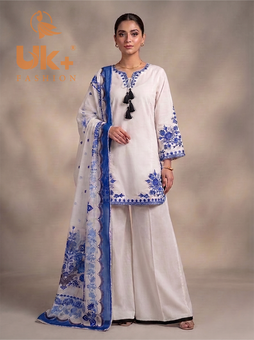 3Pc Embroidered Cotton Shirt, Trouser, Dupatta
