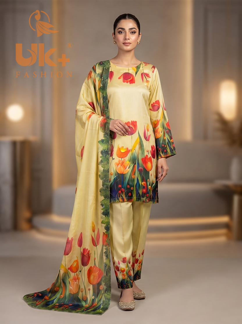 3Pc Embroidered Shamoz Silk, Shirt, Farshi & Dupatta