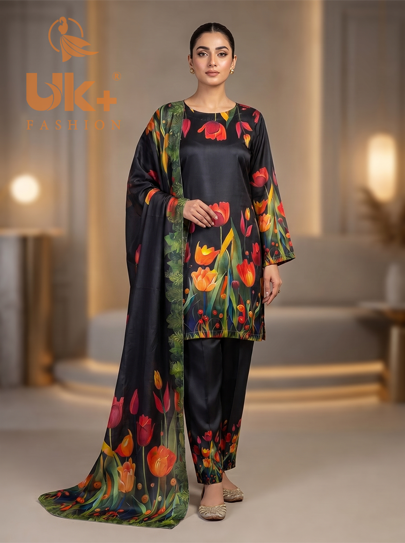 3Pc Embroidered Shamoz Silk, Shirt, Farshi & Dupatta