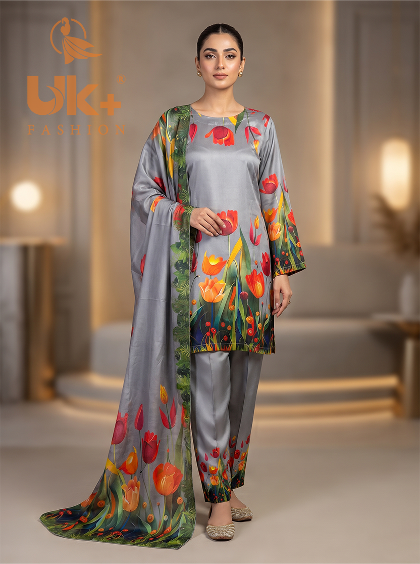 3Pc Embroidered Shamoz Silk, Shirt, Farshi & Dupatta