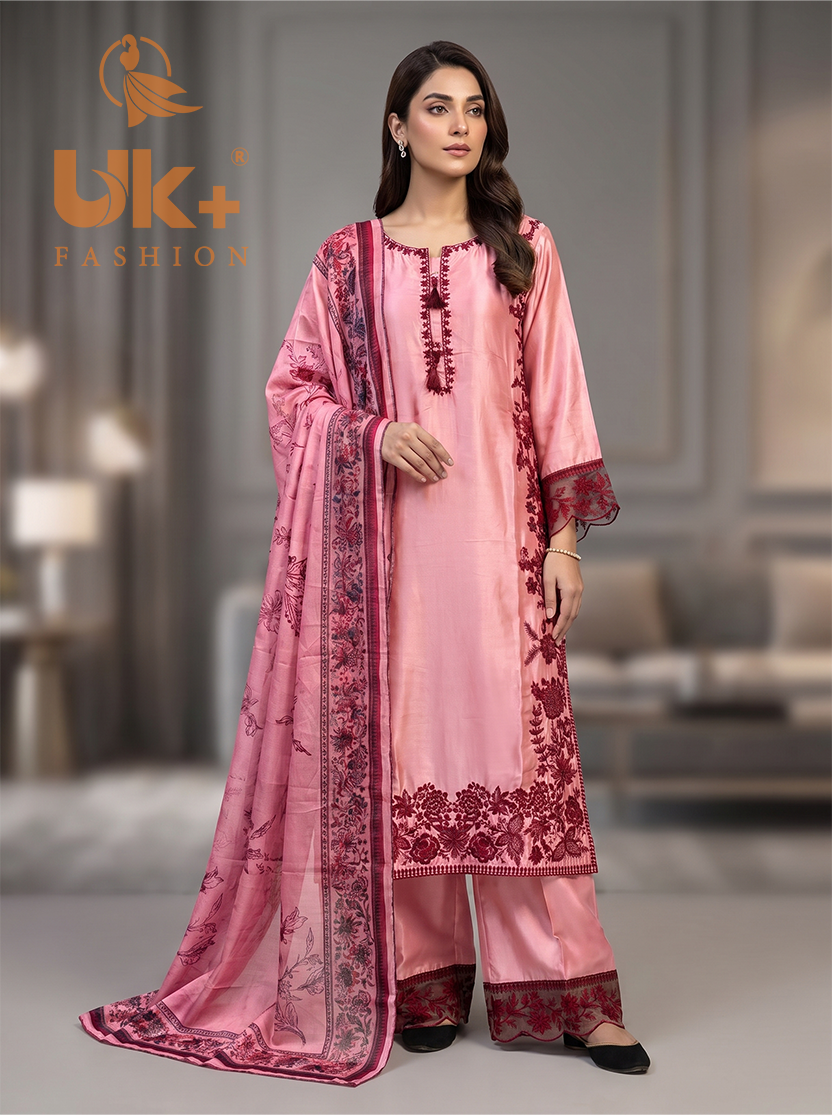 3Pc Embroided Shamoz Silk Long Shirt, Shalwar, Dupatta