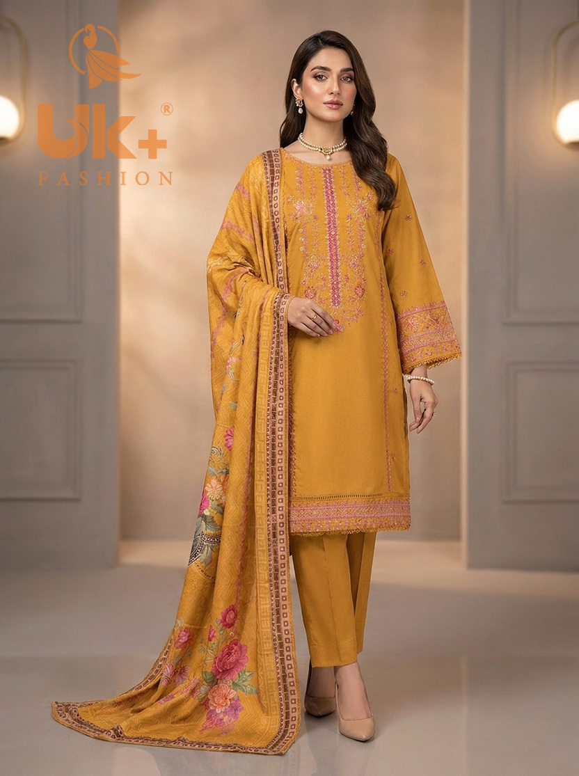 3Pc Embroidered Cotton Shirt, Trouser, Dupatta