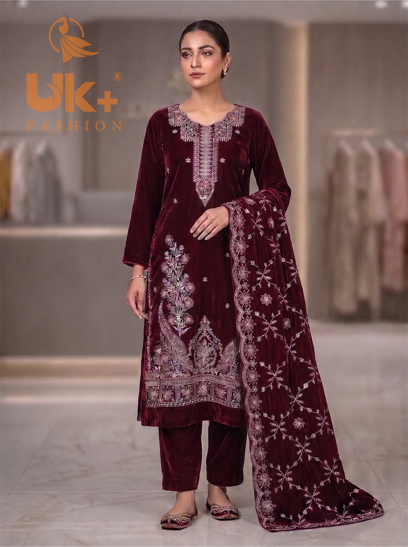 3Pc Velvet Un-Stitch, shirt, shalwar & Dupatta