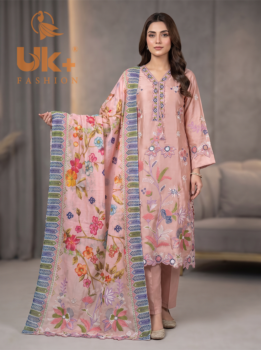 3Pc Embroidered Shamoz Silk, Shirt, Trouser & Dupatta