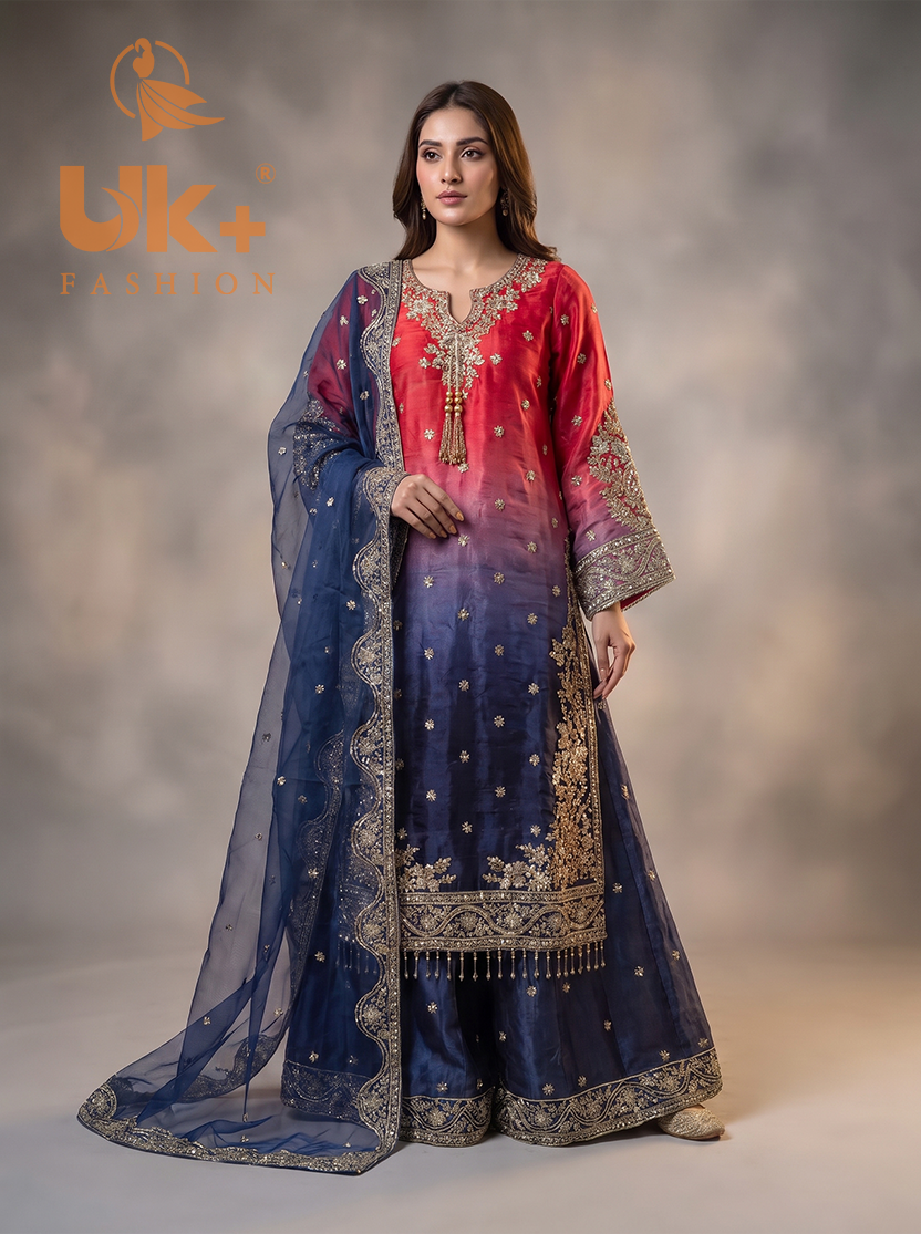 3Pc Embroided Sheesha Silk Shirt, Plazo, Dupatta