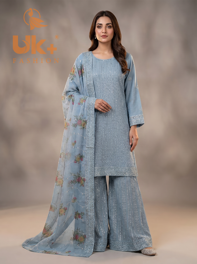 3Pc Embroided Chiffon Shirt, Plazo, Dupatta