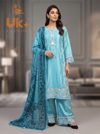3Pc Embroided Shamoz Silk Long Shirt, Shalwar, Dupatta