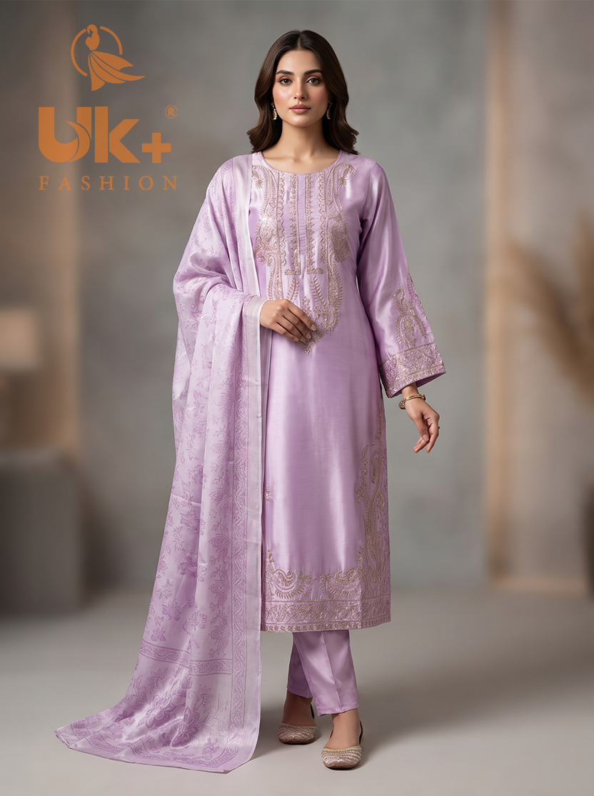 3Pc Embroided Shamoz Silk Long Shirt, Shalwar, Dupatta