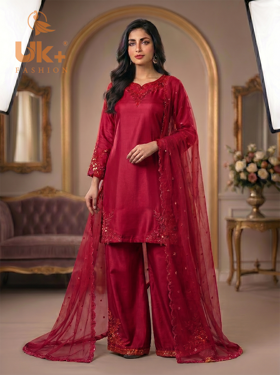 3Pc Embroided pure Silk Shirt, Plazo, Dupatta