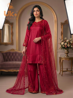 3Pc Embroided pure Silk Shirt, Plazo, Dupatta