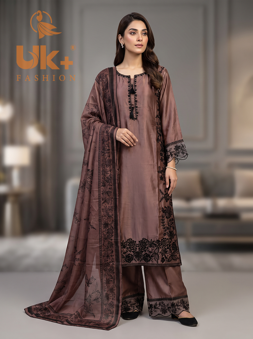 3Pc Embroided Shamoz Silk Long Shirt, Shalwar, Dupatta