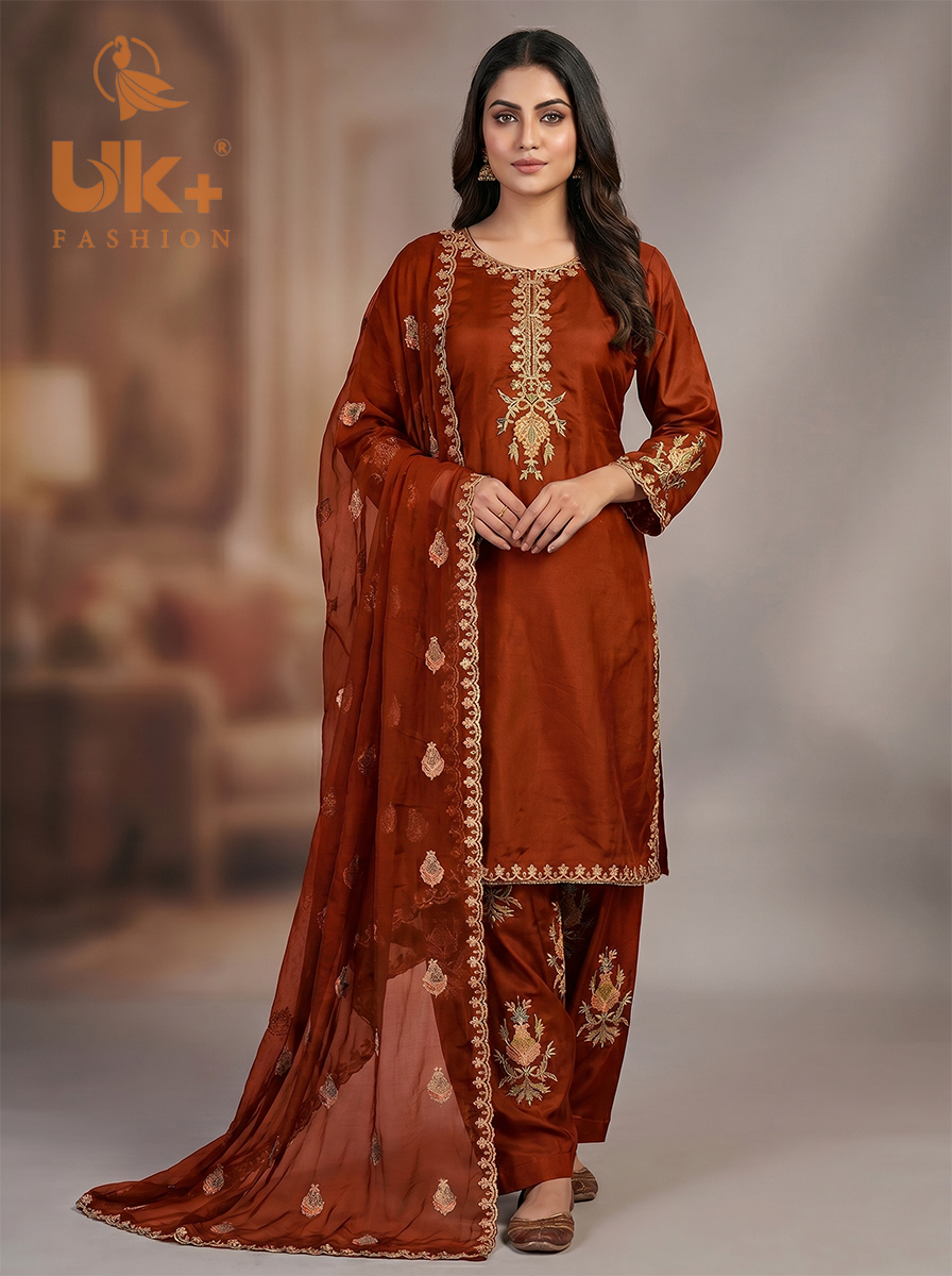 3Pc Embroidered Kataan Silk, Shirt, Farshi Shalwar and Chiffon Dupatta