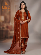 3Pc Embroidered Kataan Silk, Shirt, Farshi Shalwar and Chiffon Dupatta