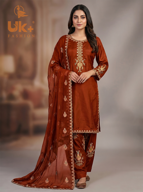 3Pc Embroidered Kataan Silk, Shirt, Farshi Shalwar and Chiffon Dupatta