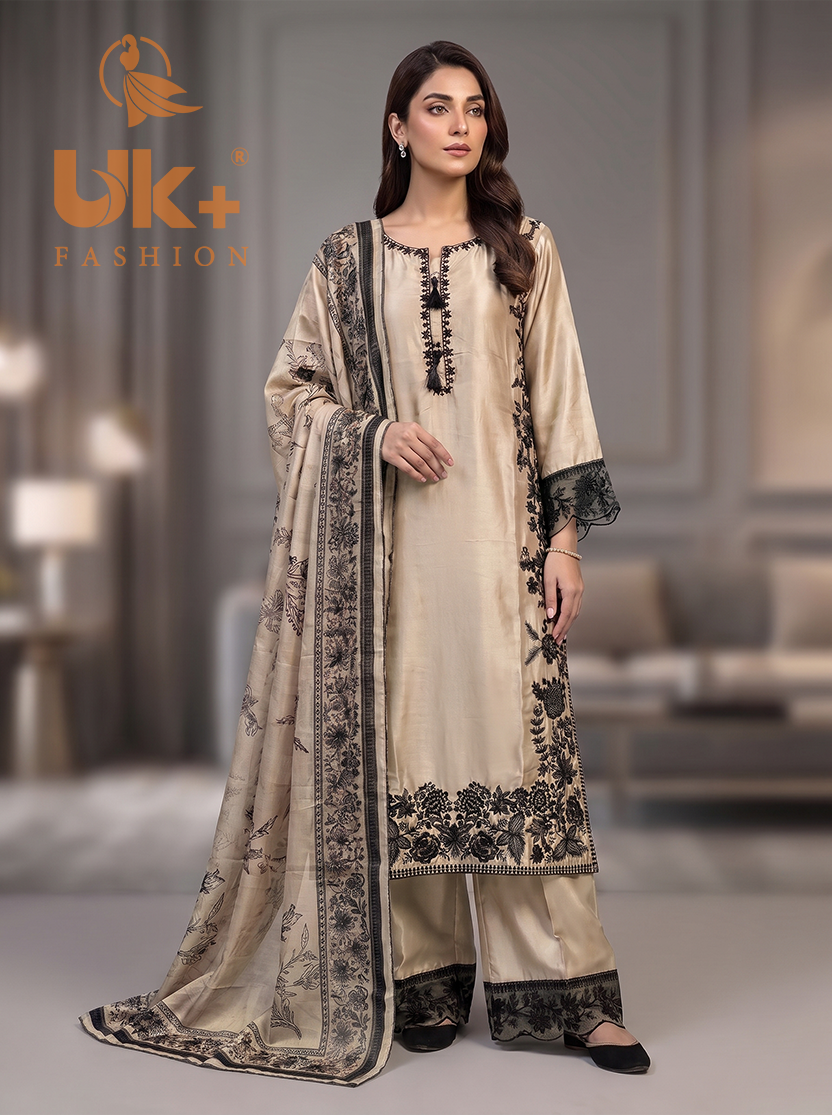 3Pc Embroided Shamoz Silk Long Shirt, Shalwar, Dupatta