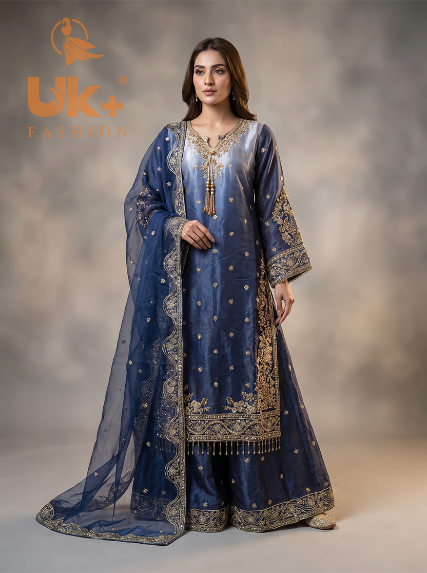 3Pc Embroided Sheesha Silk Shirt, Plazo, Dupatta
