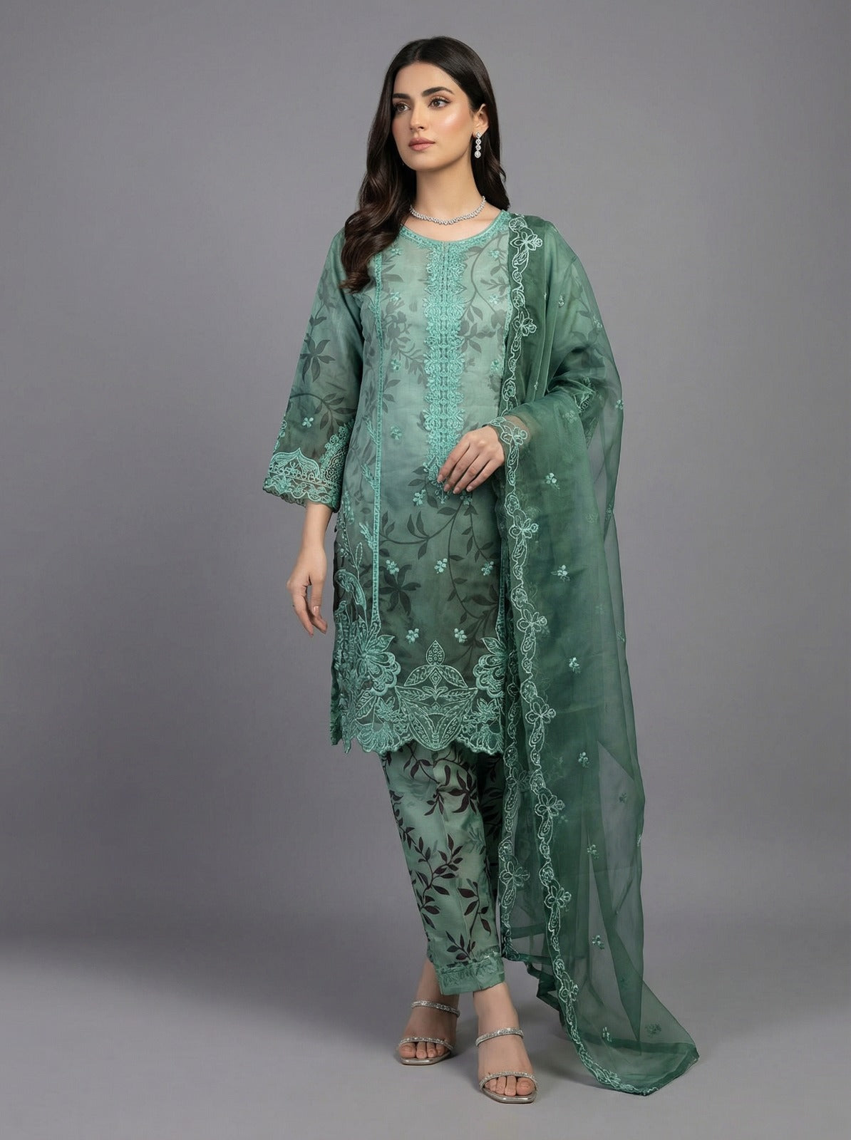 3Pc Printed & Embroidered Organza , shirt, shalwar & Dupatta