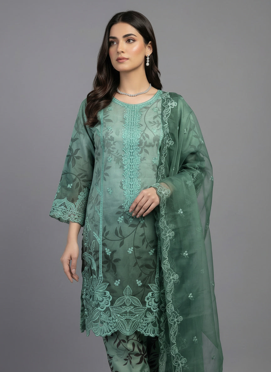 3Pc Printed & Embroidered Organza , shirt, shalwar & Dupatta