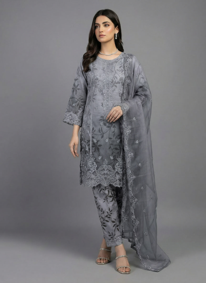 3Pc Printed & Embroidered Organza , shirt, shalwar & Dupatta