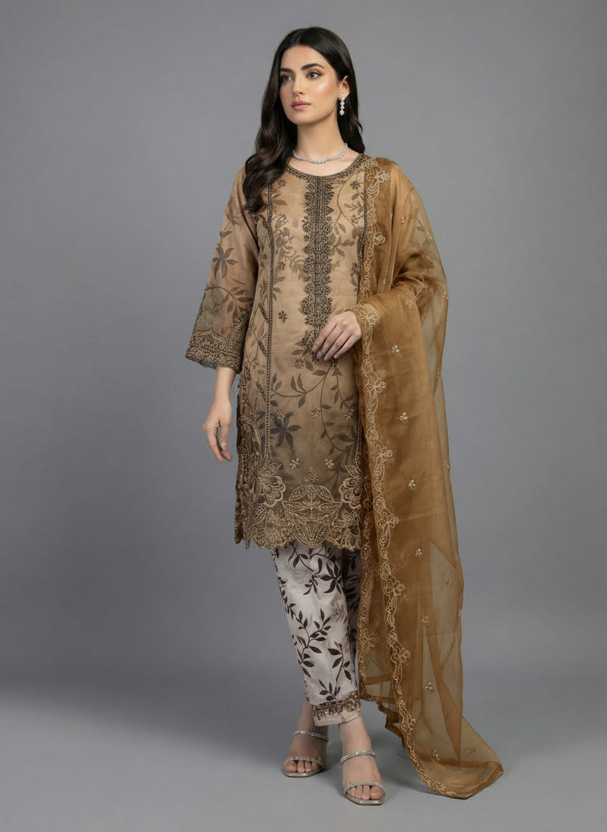 3Pc Printed & Embroidered Organza , shirt, shalwar & Dupatta