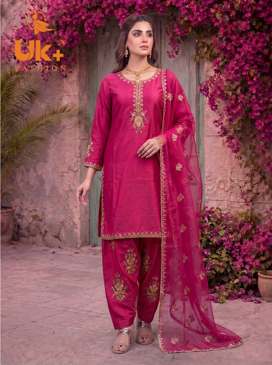 3Pc Embroidered Kataan Silk, Shirt, Farshi Shalwar and Dupatta