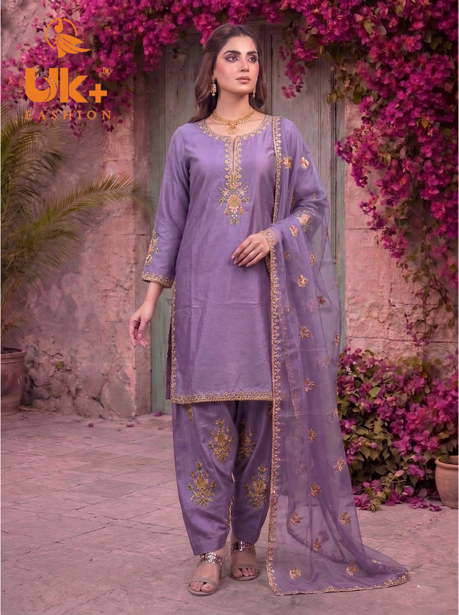 3Pc Embroidered Kataan Silk, Shirt, Farshi Shalwar and Dupatta