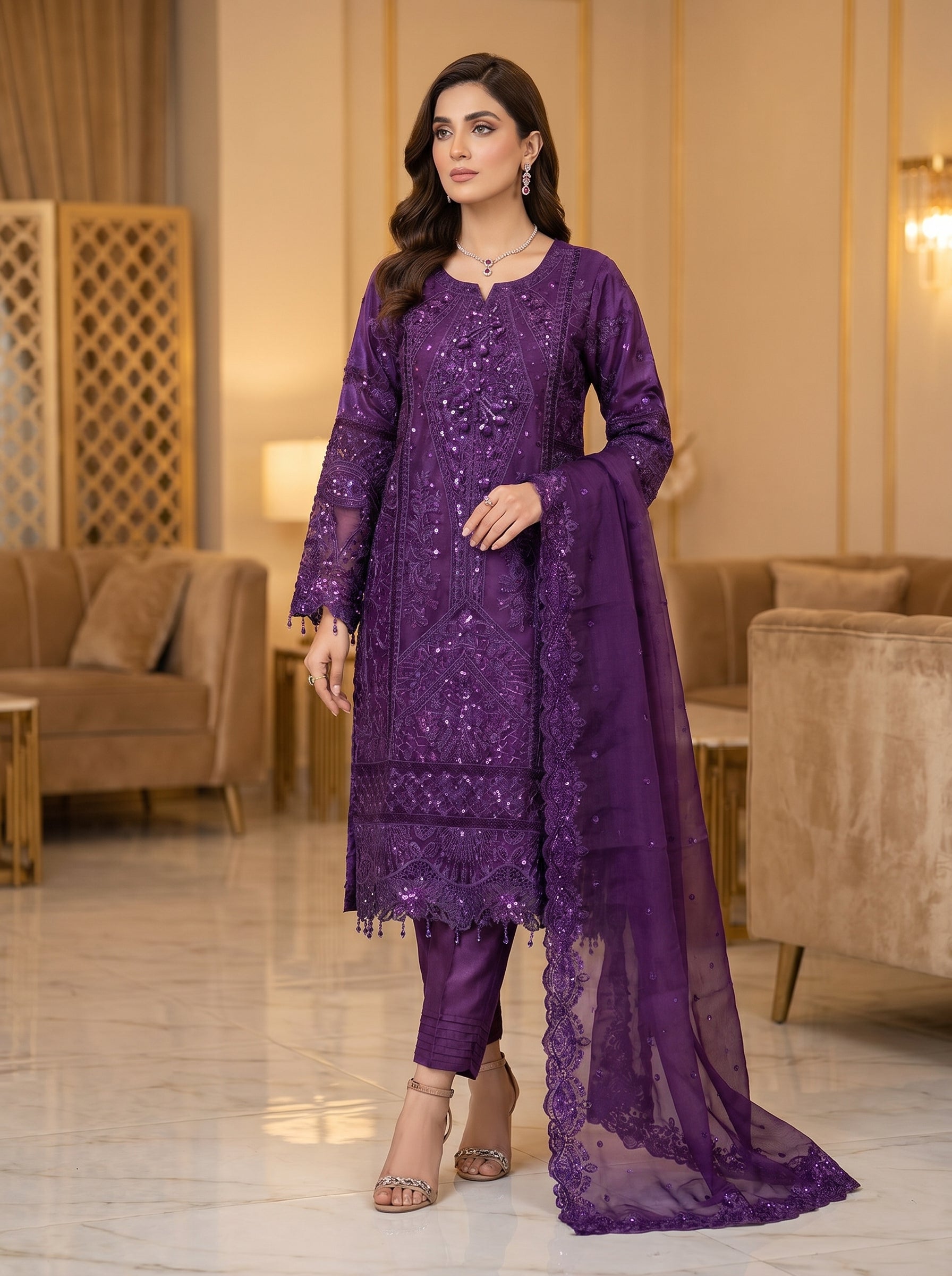 3Pc Embroidered Organza shirt, shalwar & Dupatta