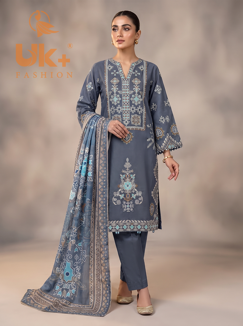 3Pc Embroidered Cotton Shirt, Trouser, Dupatta