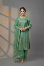 3Pc Embroidered Kattan Silk Shirt, Shalwar, Dupatta