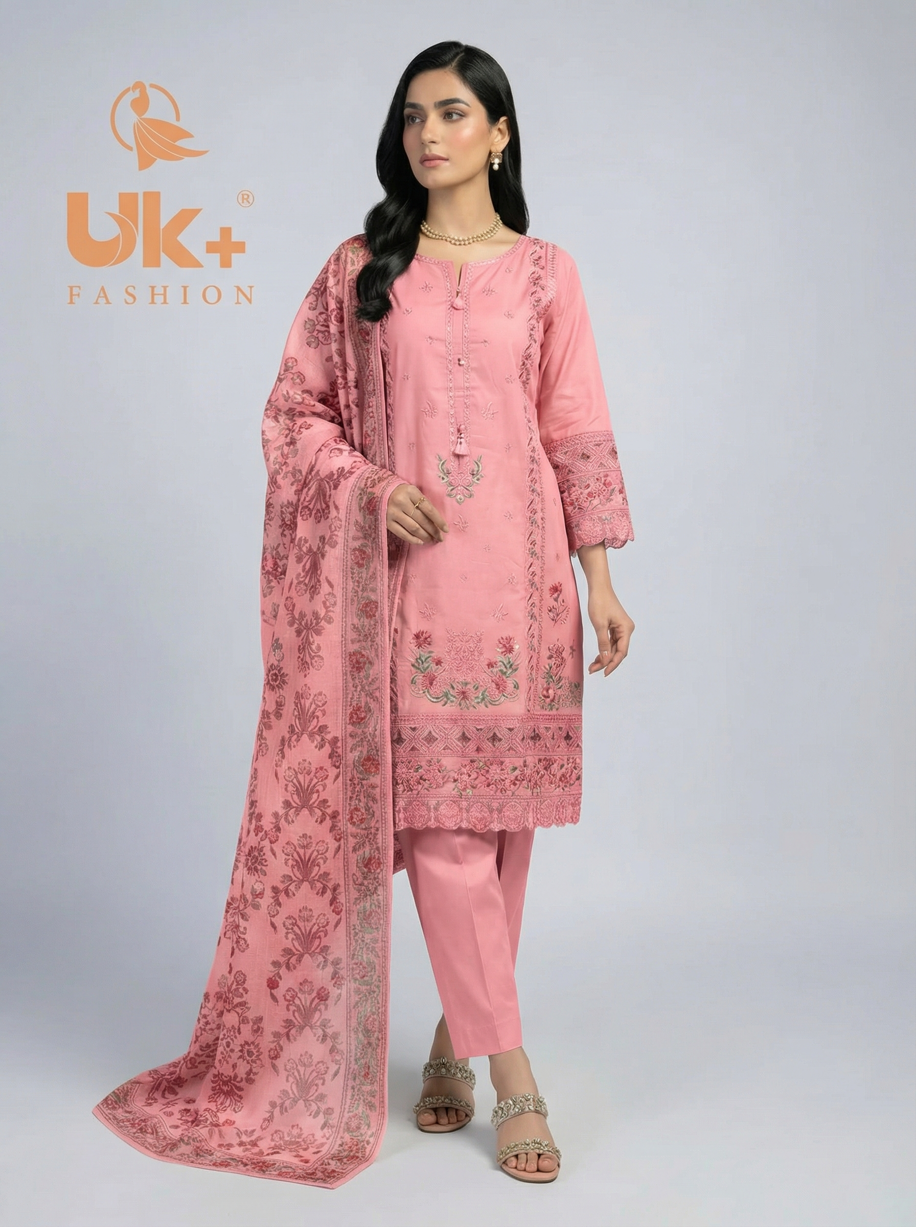 3Pc Embroidered Cotton Shirt, Trouser, Dupatta