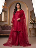 3Pc Embroided pure Silk Shirt, Plazo, Dupatta