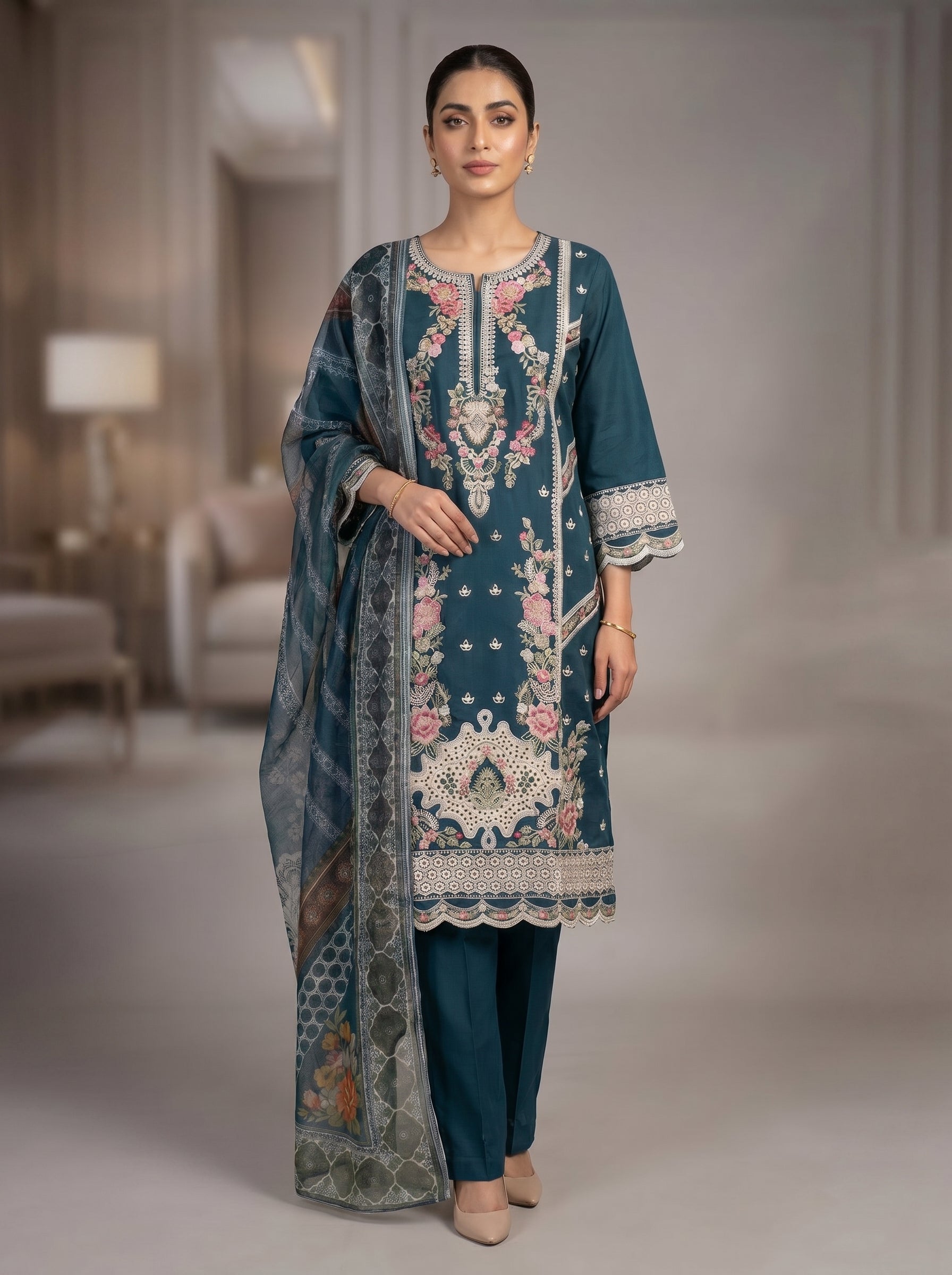 3Pc Embroidered Cotton Shirt, Trouser, Dupatta
