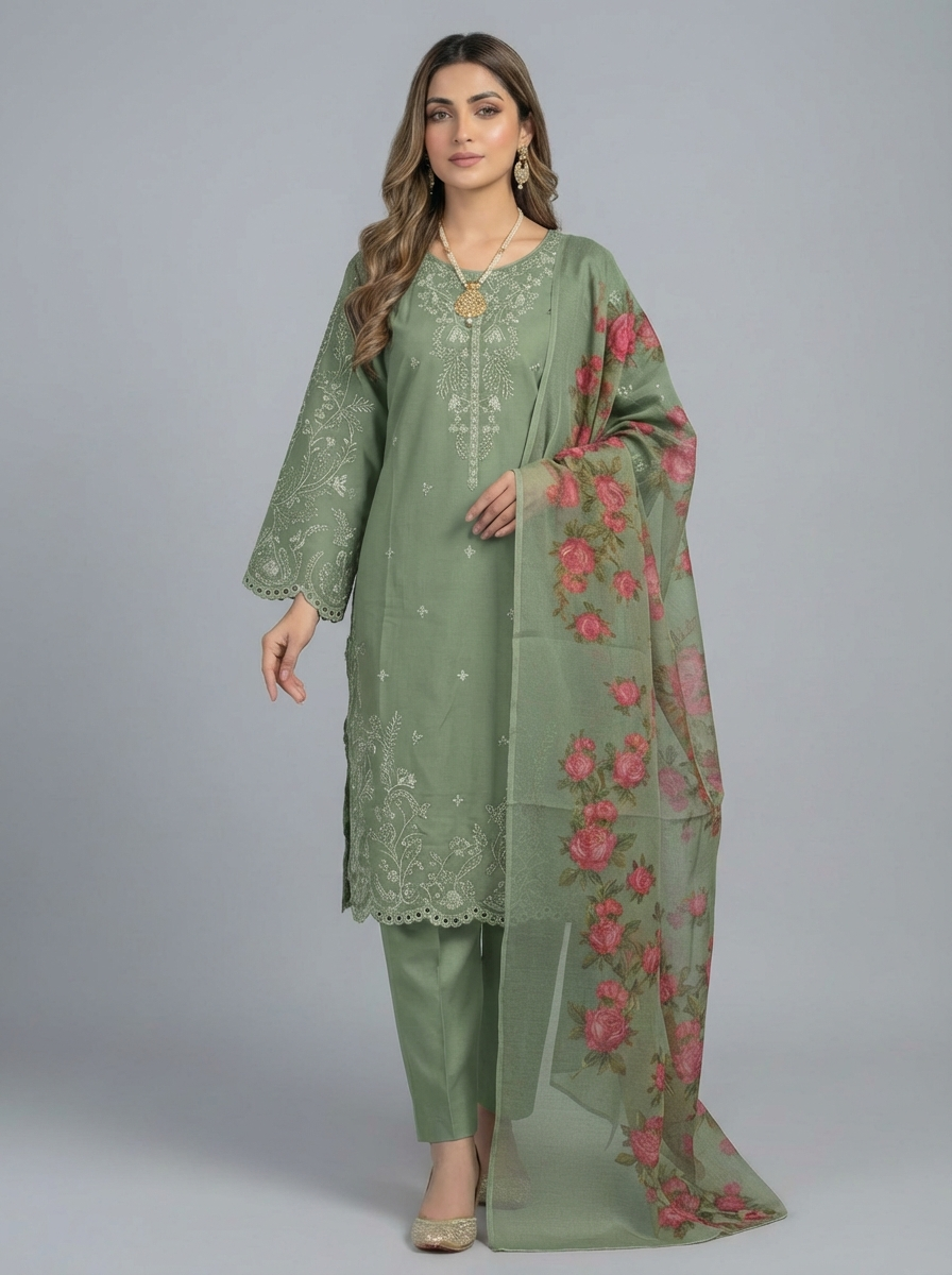 3Pc Embroidered Cotton Shirt, Trouser, Dupatta