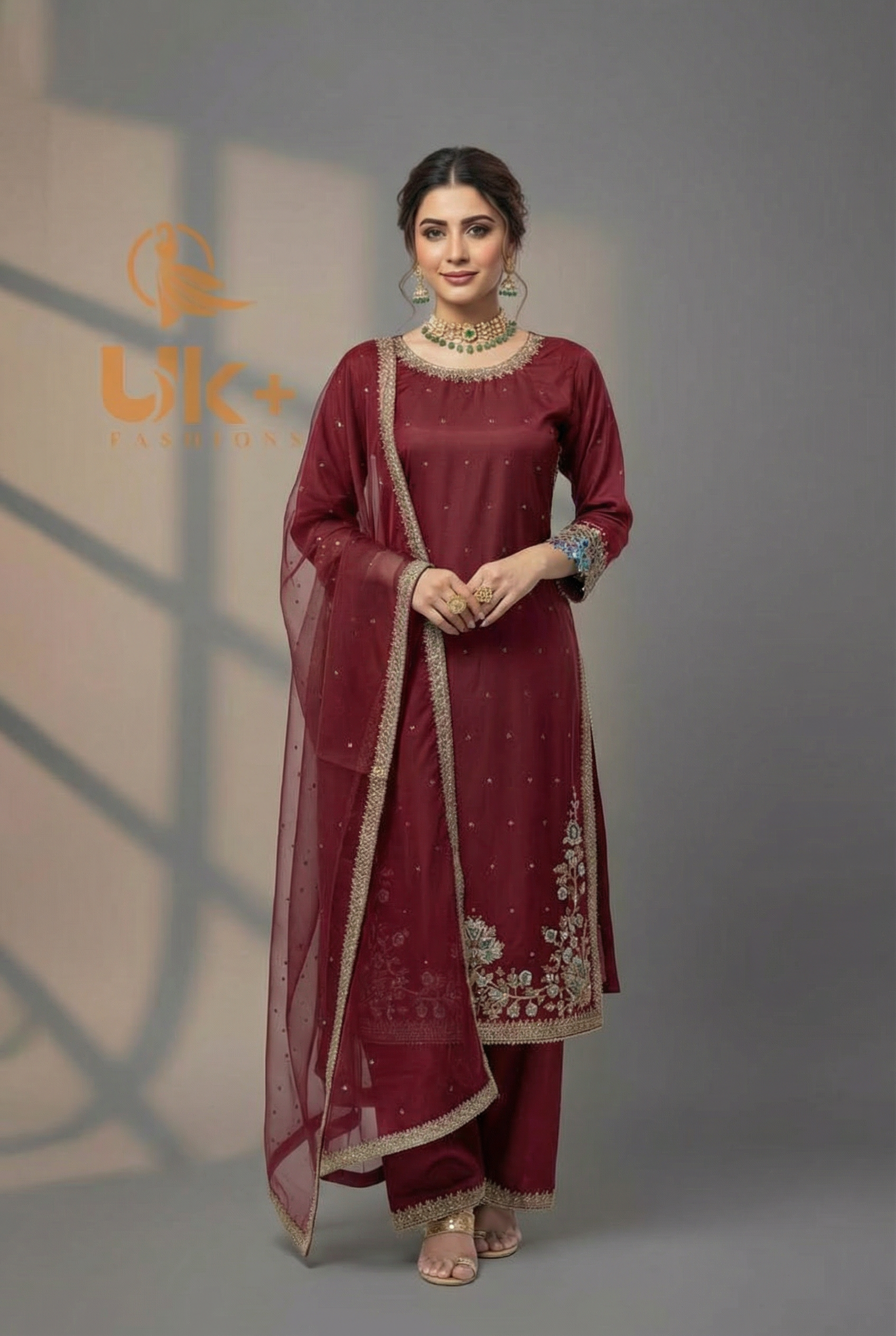 3Pc Embroidered Kattan Silk Shirt, Shalwar, Dupatta