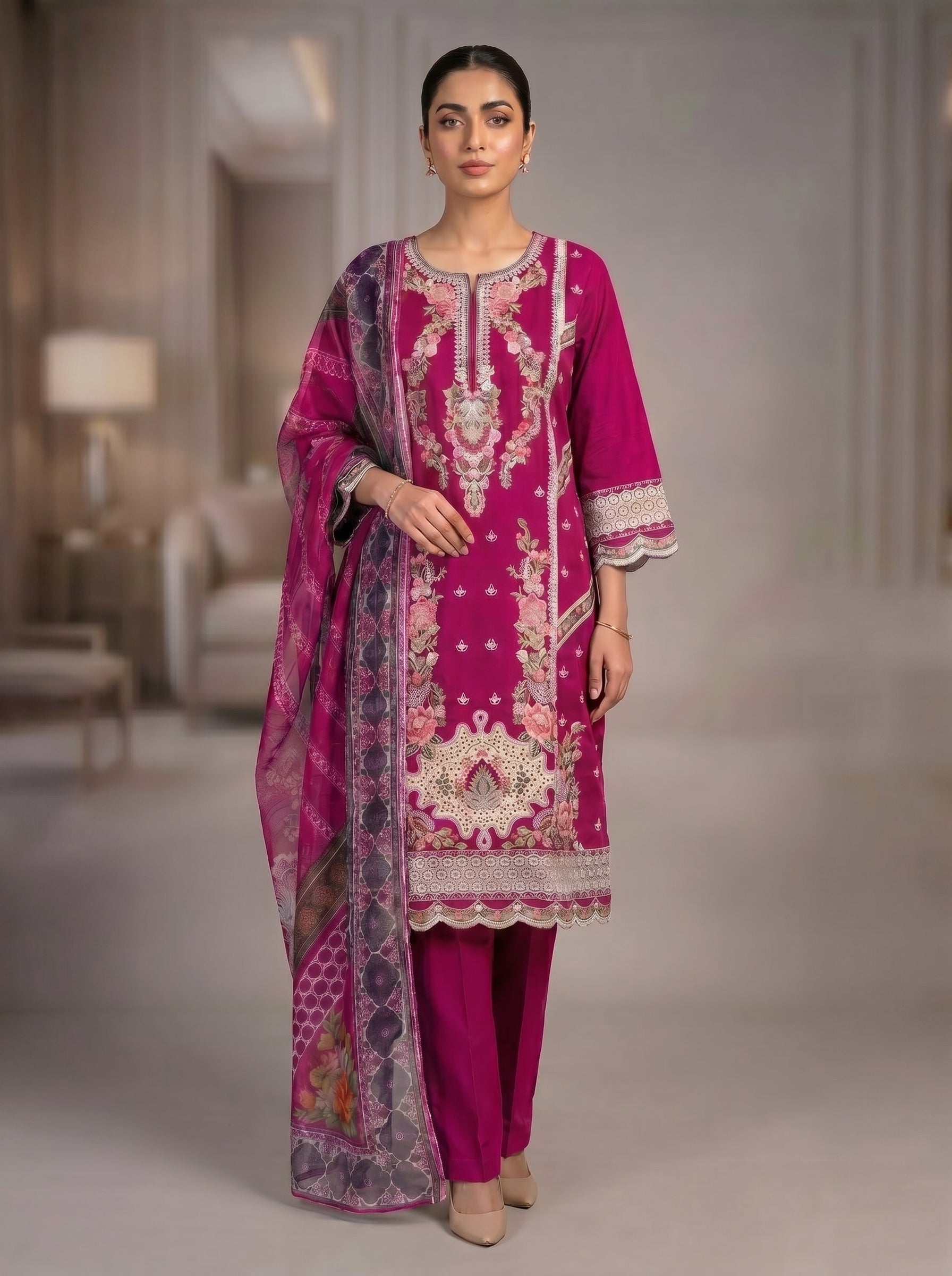 3Pc Embroidered Cotton Shirt, Trouser, Dupatta