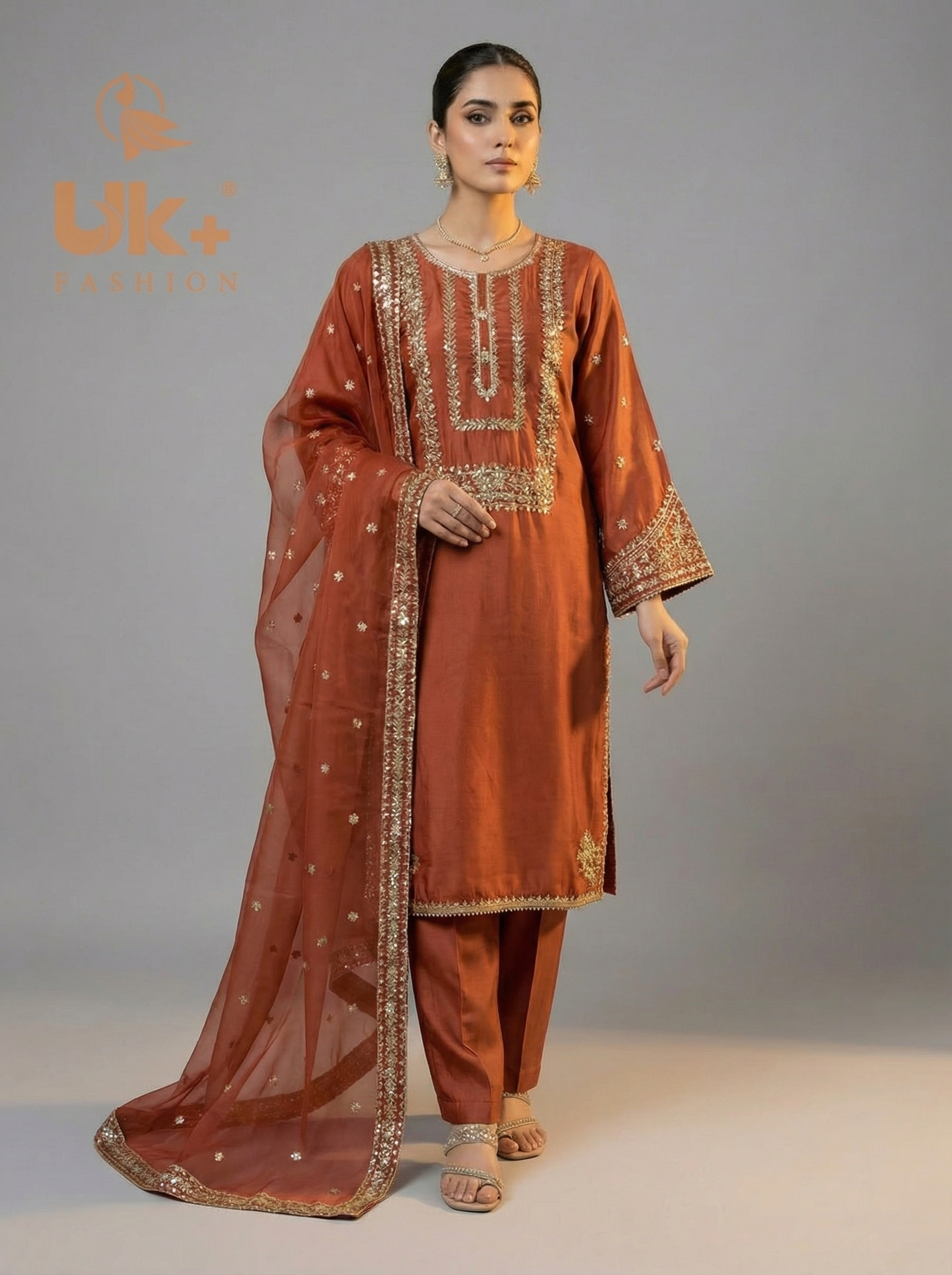 3Pc Embroidered Silk Shirt, Shalwar, Dupatta