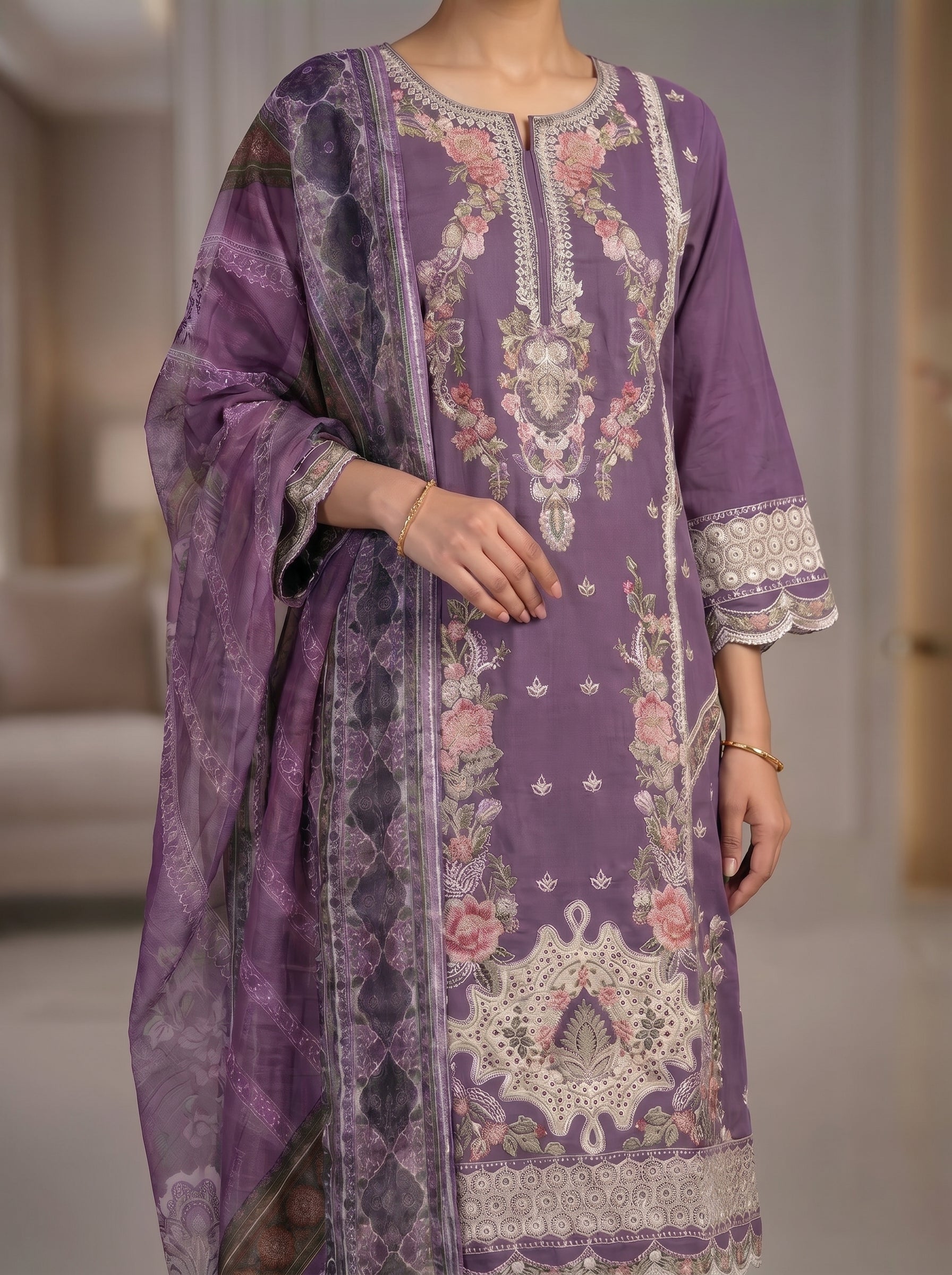 3Pc Embroidered Cotton Shirt, Trouser, Dupatta
