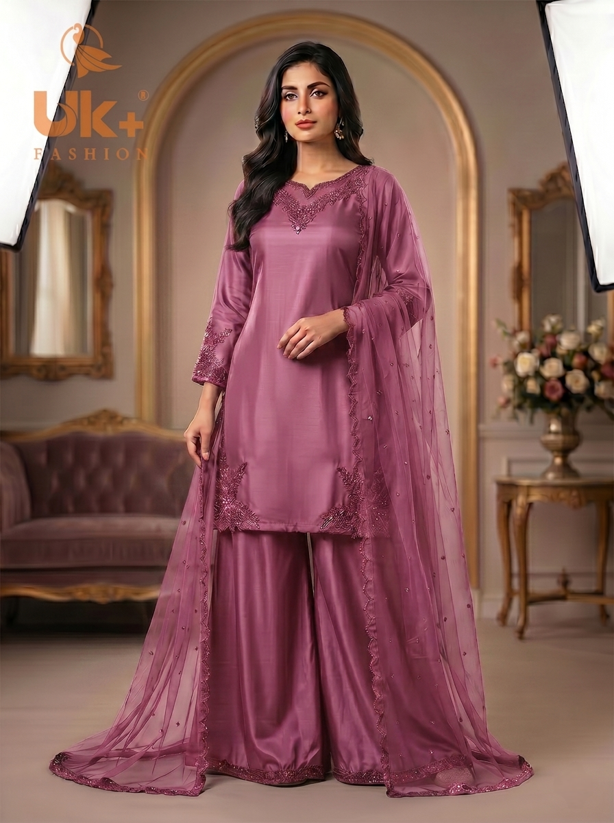 3Pc Embroided pure Silk Shirt, Plazo, Dupatta