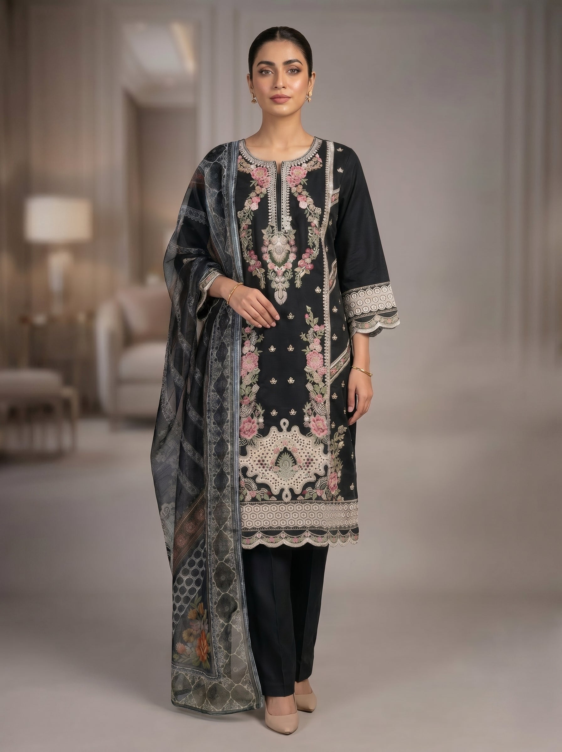 3Pc Embroidered Cotton Shirt, Trouser, Dupatta