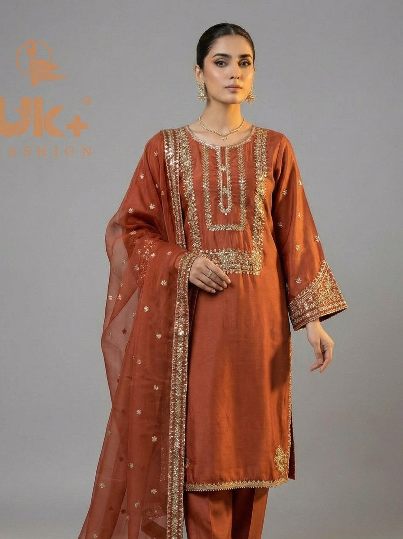 3Pc Embroidered Silk Shirt, Shalwar, Dupatta
